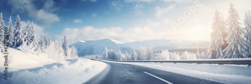 Sunny winter road covered with snow. Generative AI © ColdFire