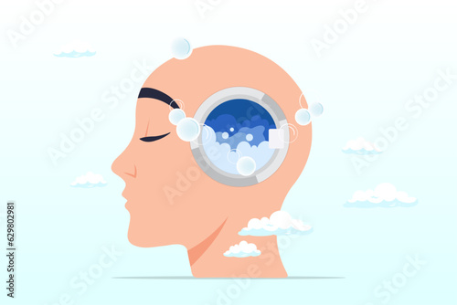 Human head with washing machine in action to clean his brain, brain wash by medias or advertising information, make someone to believe, manipulate thought, control how people think (Vector)