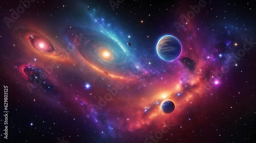 Universe, galaxy, space background. Nebula, planets, starts, suns, and planets colorful wallpaper. Science, astronomy telescope view. 