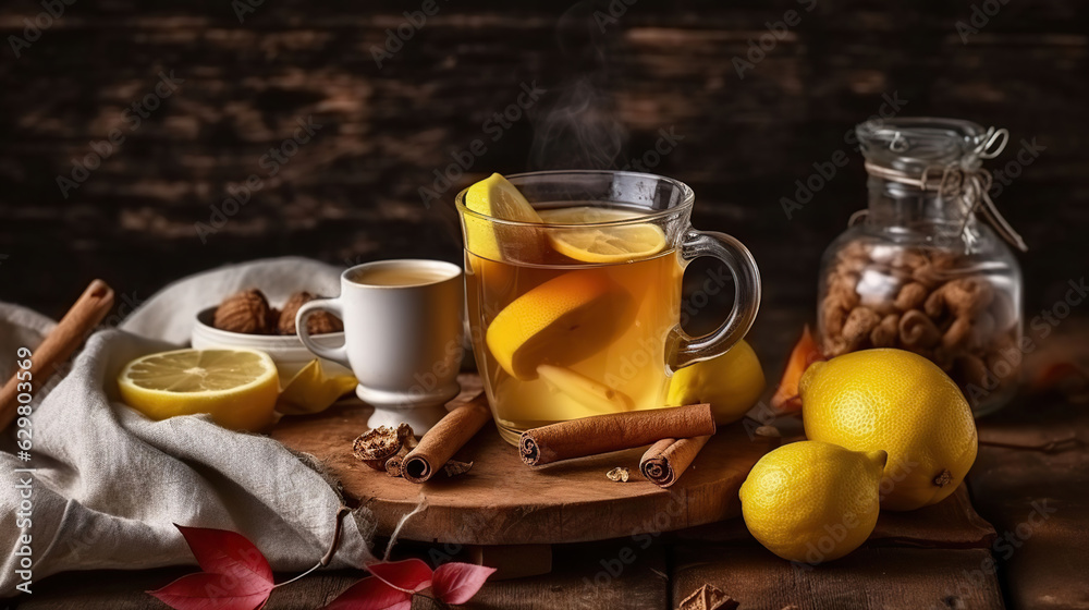 Savoring the Warmth of Ginger, Lemon, and Honey Tea on a Rustic Wooden Table. Generative AI Savoring the Warmth of Ginger, Lemon, and Honey Tea on a Rustic Wooden Table. Generative AI