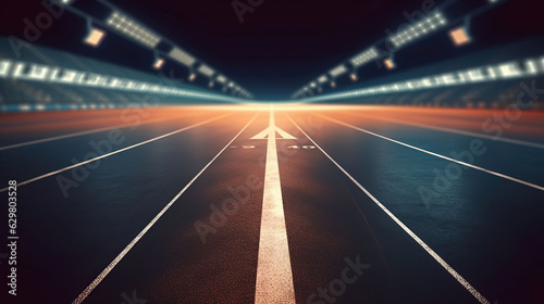 Asphalt racing track finish line and illuminated race sport stadium at night. Professional digital 3d illustration of racing sports
