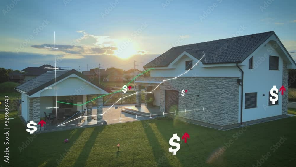 Rising House Prices Graph In Dollar Due To Inflation With Suburban Houses In Background. zoom-in