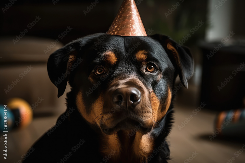 Rottweiler in a festive cap, portrait. Generative AI.