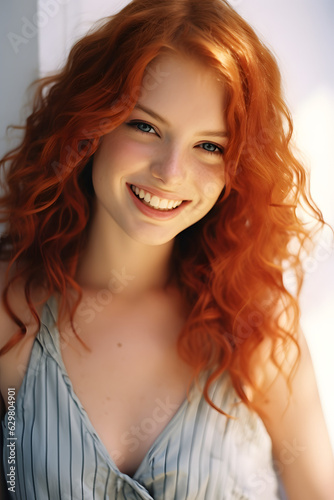 Beautiful red haired woman, smiling at the camera, soft and warm light