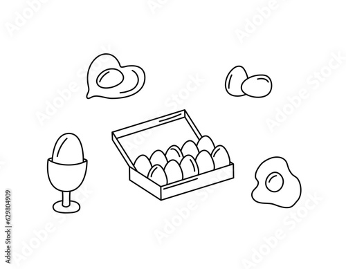 Eggs vector doodles set. Food elements isolated black on white background. Hand drawn outline illustration of fried, scrambled eggs and packaging. Hand drawn cute doodle drawings