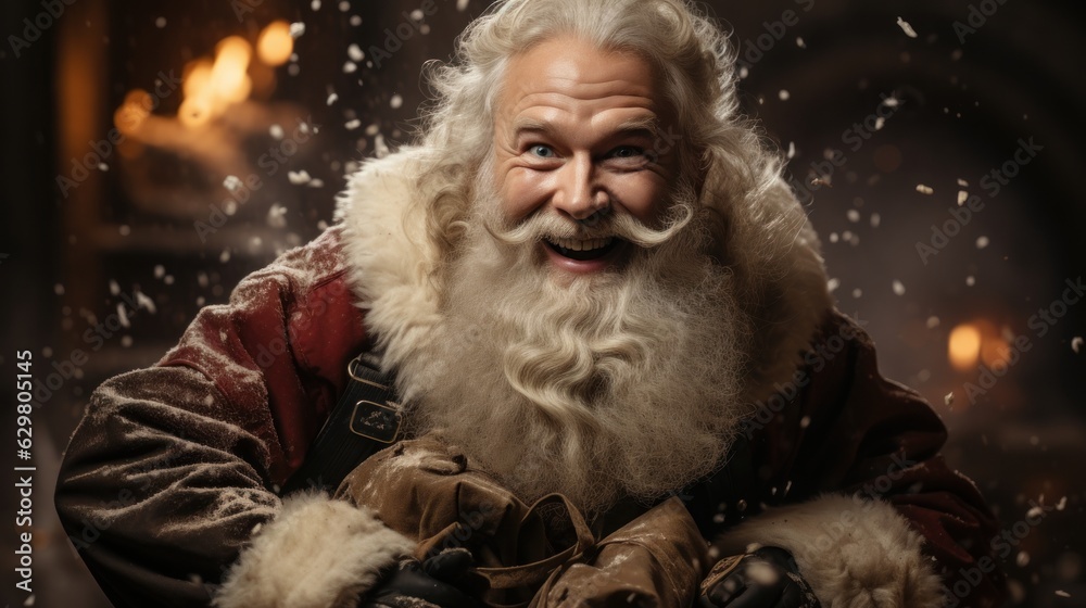 Smiling Santa Claus with a white beard and gifts. Generative AI Smiling Santa Claus with a white beard and gifts. Generative AI