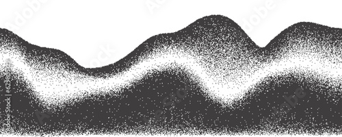 Grainy mountains with noise gradient. Dotted stippled background with grain texture. Vector grunge retro landscape.