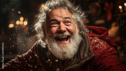 Smiling Santa Claus with a white beard and gifts. Generative AI