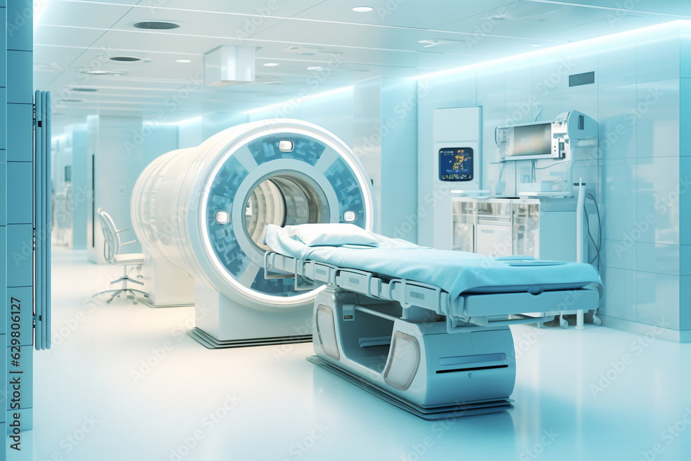 Modern MRI - magnetic resonance imaging - scanner machine in hospital ...