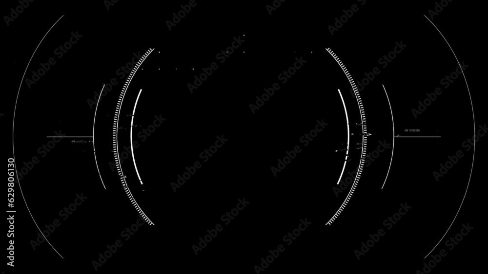 Animation of futuristic user interface with circular loading bars, HUD elements on dark background, good for overlay with alpha matte blending option. HUD circle concept.