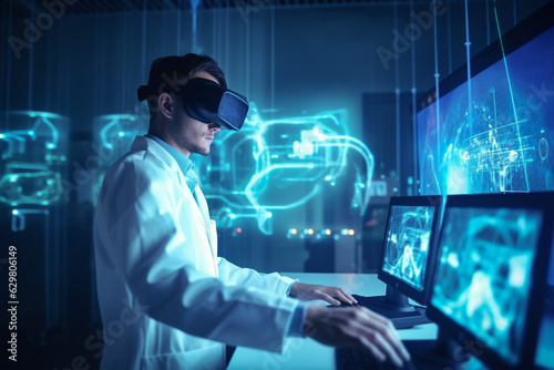 Doctor or Scientist wearing VR glasses in futuristic virtual interface room. Medical technology concept. Innovation and science to future. Generative AI.