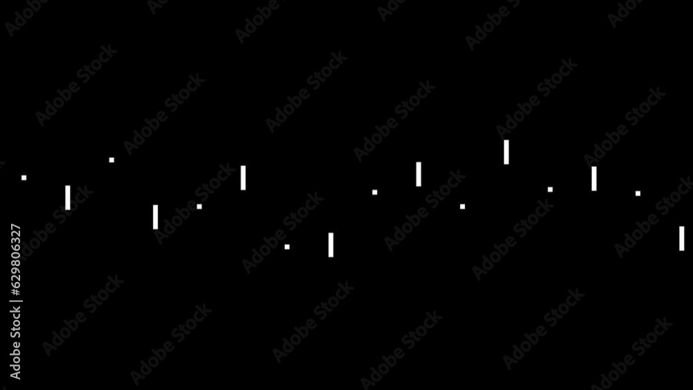 Animation of slow moving music equalizers, vertical white shape bar lines on black background, pulsating and moving up and down, overlay video with alpha blending option.