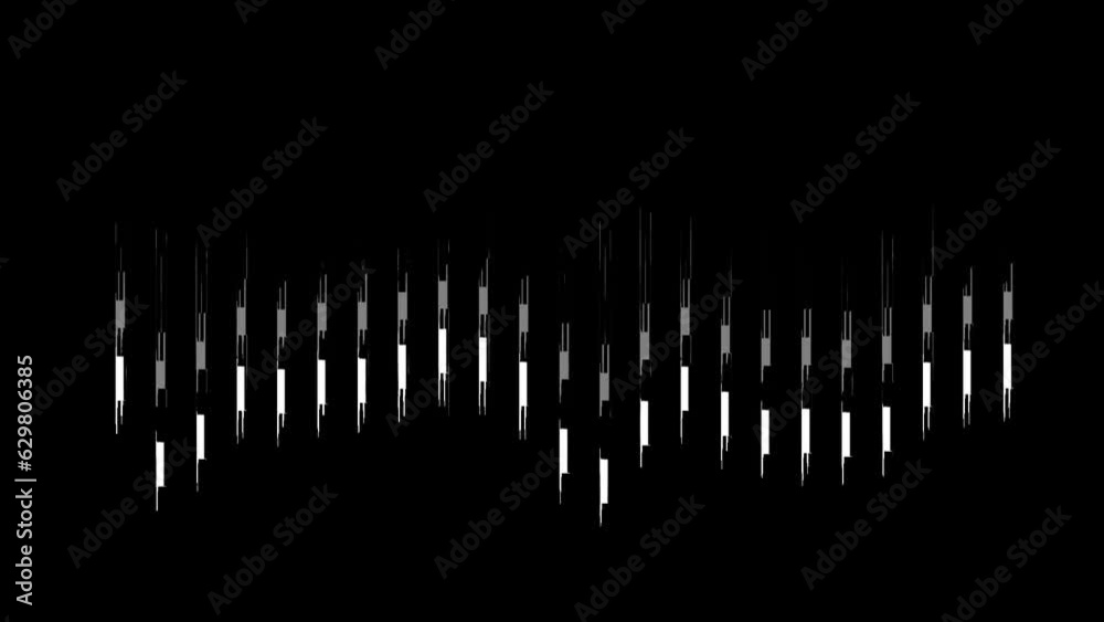 Animation of music equalizers, vertical white shape bar lines on black background, pulsating and moving up and down, overlay video with alpha blending option. Animation of music equalizers, vertical white shape bar lines on black background, pulsating and moving up and down, overlay video with alpha blending option.