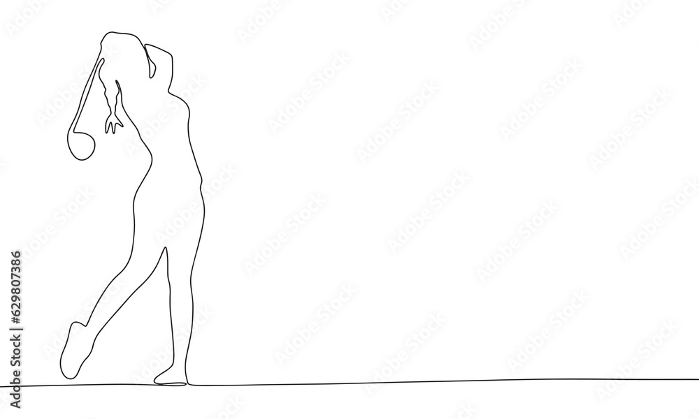 Woman play golf one line continuous vector illustration. Concept of sport banner. Line art, outline hand draw illustration.