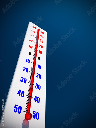 Outdoor thermometer close-up against the sky shows high air temperature.