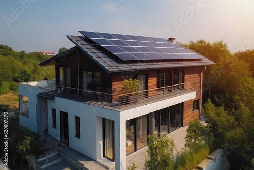 House with solar panels on the roof. Sustainable and clean energy at home, generative AI © Kien
