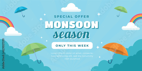 Monsoon sale offer banner template with clouds, rain drop and lightning on blue background. Vector illustration
