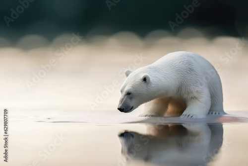 Ice bear on small piece of ice, ocean, lonely. Global warming concept.