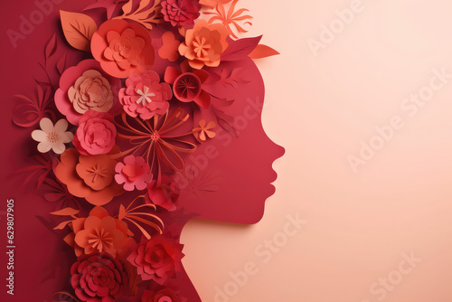 Illustration of face and flowers style paper cut with copy space for international women's day © Kien