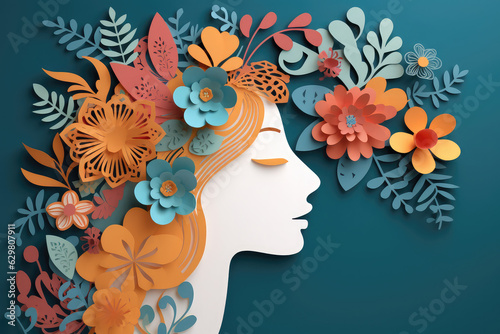 Illustration of face and flowers style paper cut with copy space for international women's day © Kien