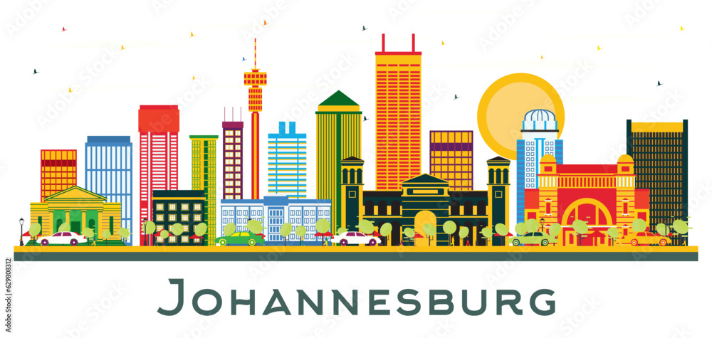 Johannesburg South Africa city Skyline with Color Buildings isolated on white. Johannesburg cityscape with landmarks.