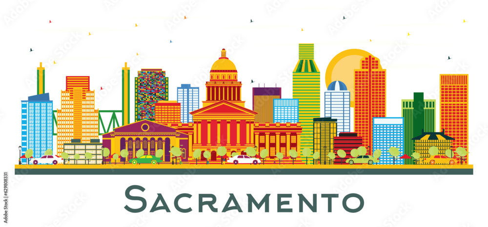Sacramento USA city Skyline with Color Buildings isolated on white. Sacramento cityscape with landmarks.