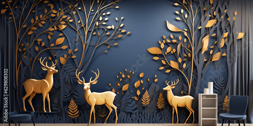 Dark blue mural wallpaper from the contemporary era Christmas tree, mountain, deer, birds, and waves of gold on a dark blue backdrop depicting a jungle or forest. Generative AI  © Aoun