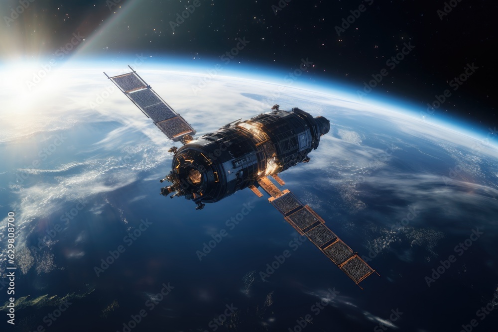 Space satellite with antenna and solar panels in space against the background of the earth. Space satellite with antenna and solar panels in space against the background of the earth.