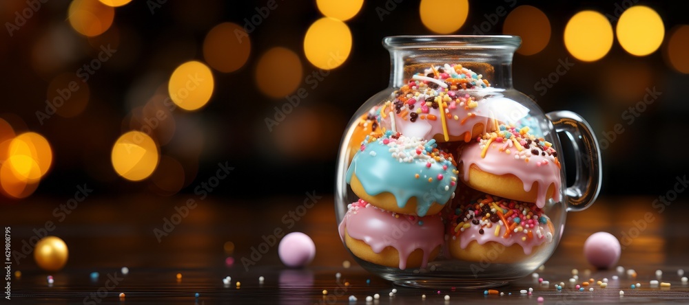 Donuts with colourful icing in glass jar. Party dessert concept. Banner with bokeh blurred background and copy space. Created using AI generative tools.