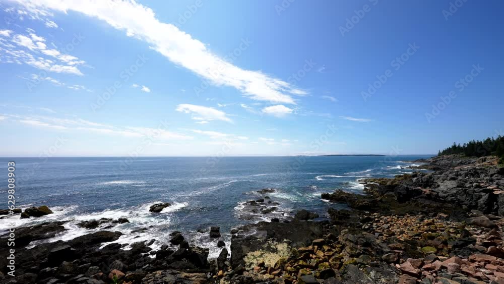 wide shot of Atlantic Acadia Park waves crashing on the Maine coastline with audio sound wide shot of Atlantic Acadia Park waves crashing on the Maine coastline with audio sound