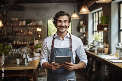 Small business restaurant owner looking at the camera. Happy waiter holding a tablet.