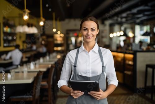 Small business restaurant owner looking at the camera. Happy waitress holding a tablet.