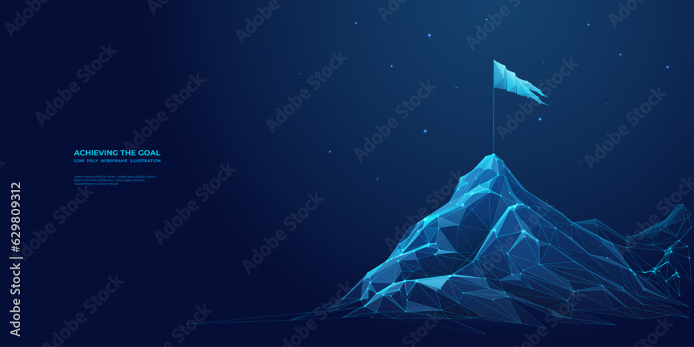  Abstract flag on the top of the Mountain. The digital conception of achieving the goal form lines, and connected glowing dots. Low poly vector wireframe illustration on blue technology background. 