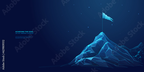  Abstract flag on the top of the Mountain. The digital conception of achieving the goal form lines, and connected glowing dots. Low poly vector wireframe illustration on blue technology background. 