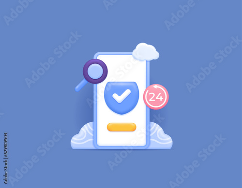 Mobile security and protection applications. 24-hour protection, antivirus, malicious file scanning. Smartphone with clouds, shields, magnifying glass. technology. 3D concept illustration design