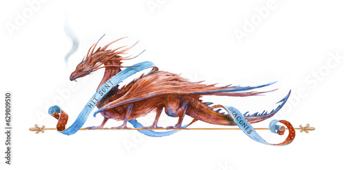 Watercolor illustration of a beautiful medieval dragon in a realistic style.
