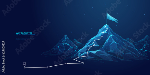Abstract mountain with a path to the top. Way to goal in digital futuristic style on a blue technology background. Vector illustration of success achievement concept. Low Poly wireframe flag and ridge