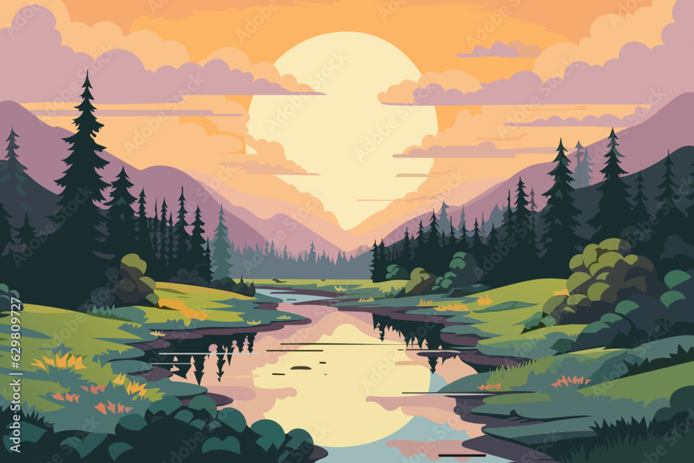 Beautiful vector sunset landscape in the mountains. Coniferous forest, shrubs and wild flowers growing along the river against the backdrop of an amazing sunset and mountains.