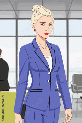 Illustration of a business woman: Blonde hair in a messy bun, alert blue eyes, cherry lipstick, a lilac power suit, in a bustling airport lounge 
