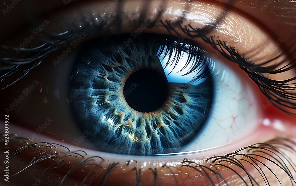 Beautiful Realistic Blue Eye Close-Up Human. AI