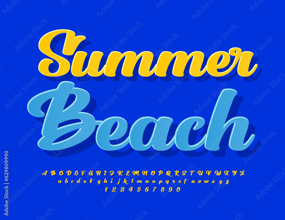 Vector seasonal banner Summer Beach with calligraphic Font. Sunny Yellow Alphabet Letters and Numbers set