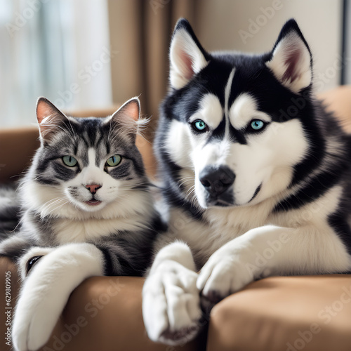 cat and husky sitting on sofa