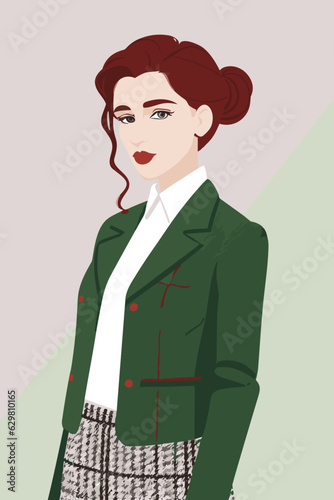 Illustration of a business woman: Crimson red hair in a chic updo, sparkling green eyes, bold burgundy lipstick, a tweed jacket