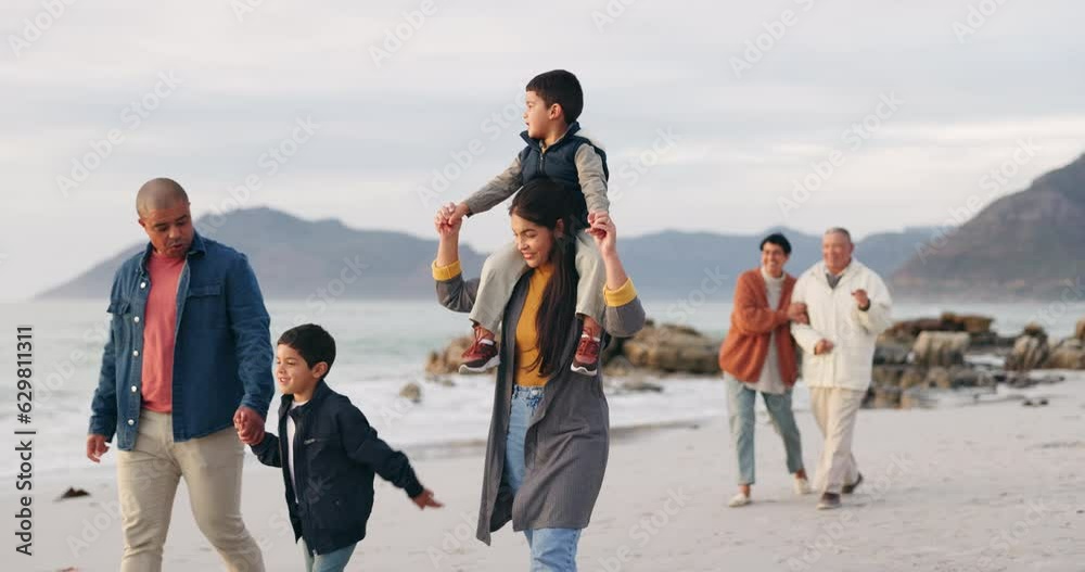 Beach, travel and family with holiday, walking and happiness with adventure, journey and love. Grandparents, mother or father with children, kids or seaside vacation with ocean, relax or quality time