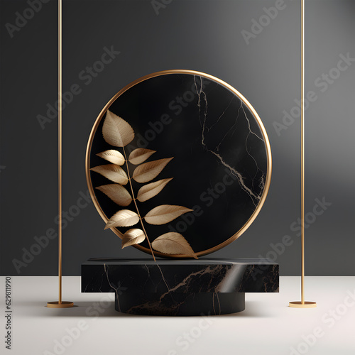 black podium stage display mockup for product presentation decorated with monstera leaves photo