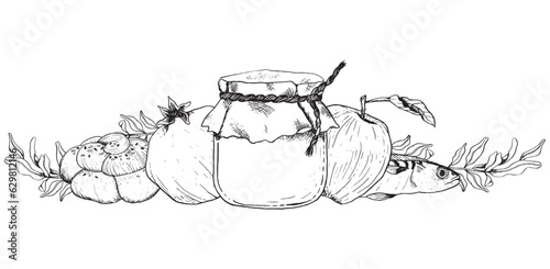 Shanah Tovah Rosh Hashanah symbols vector horizontal greeting banner with honey jar, round challah and pomegranate fruit and flowers illustration for Jewish New Year in black and white
