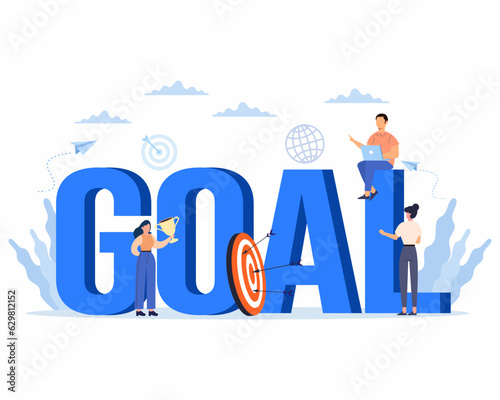 professional people working as team and sitting on blue goal word discuss business target to achieve goal