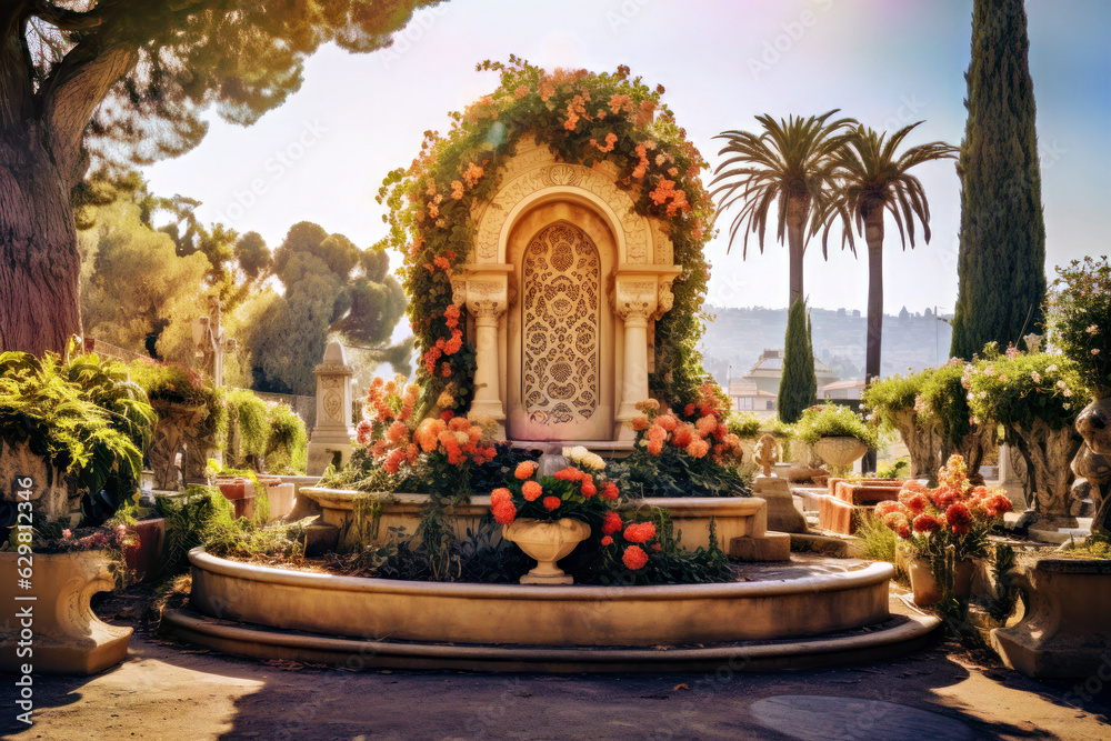 A large memorial with beautiful flowers