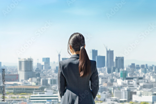 Back view of a young business woman looking at the cityscape