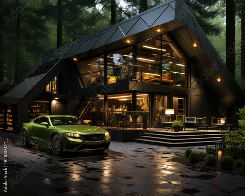 a black garage with green accents octagonal 